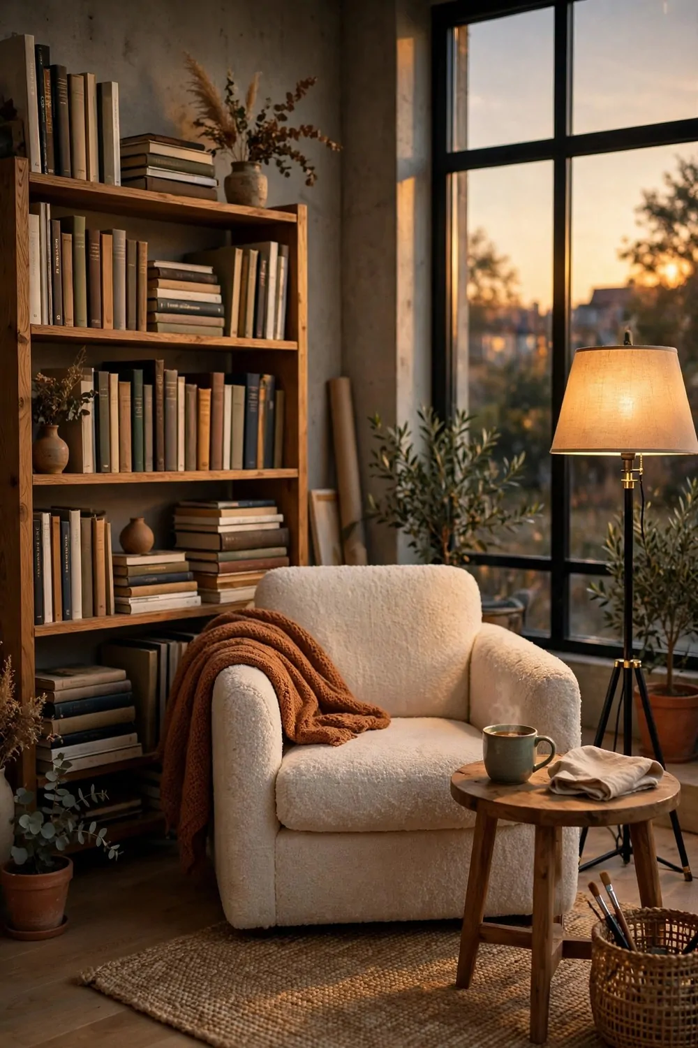 Reading corner with art books, chair and floor lamp inside a studio