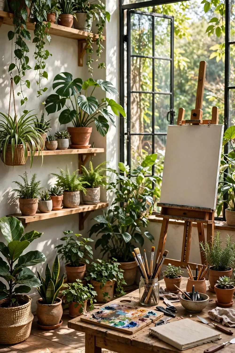 Plant-filled studio with easel by a large window
