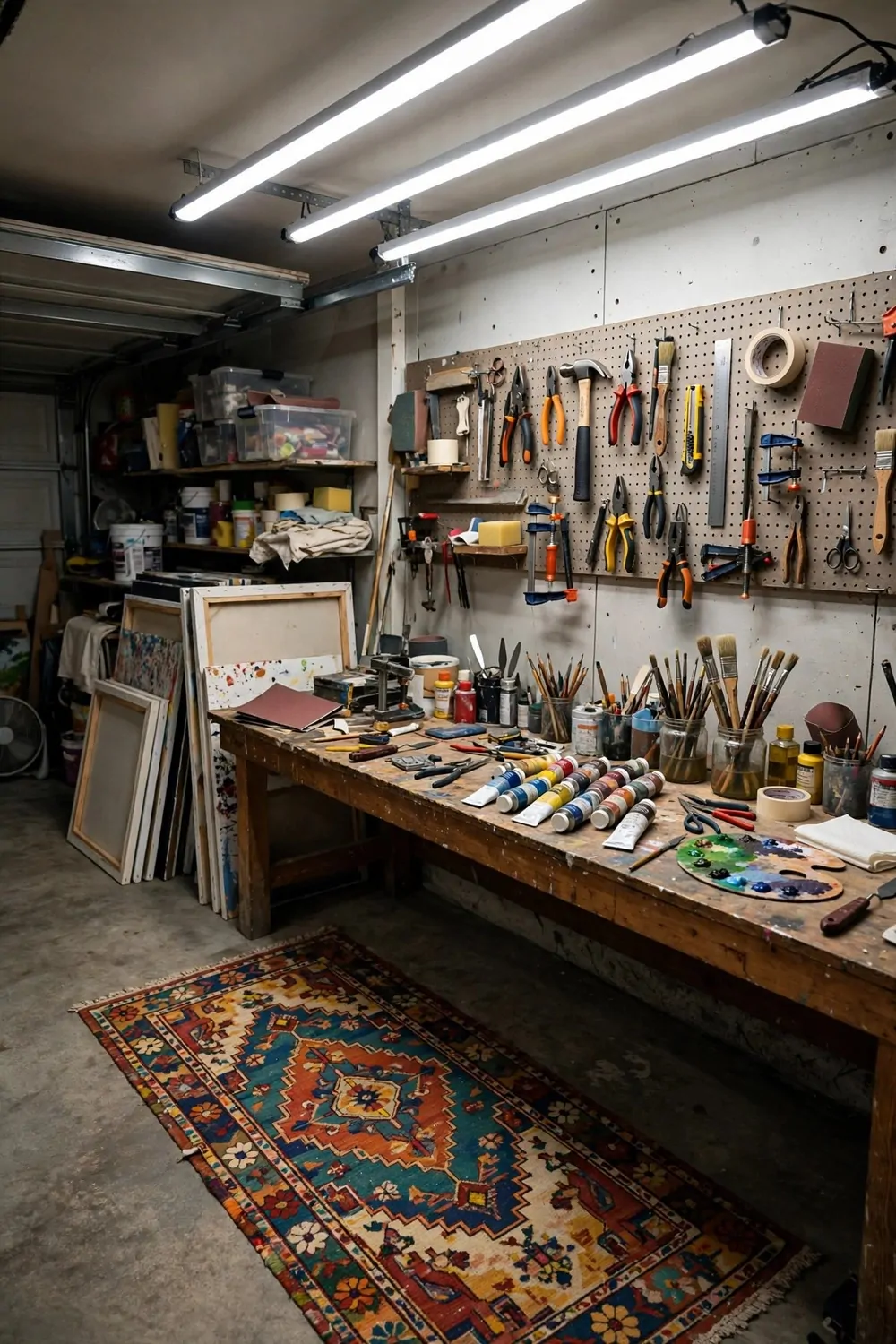 Garage studio with long workbench, pegboard and colorful rug