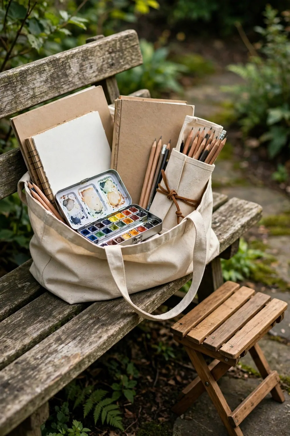 Portable art kit with sketchbooks and paints on a wooden bench