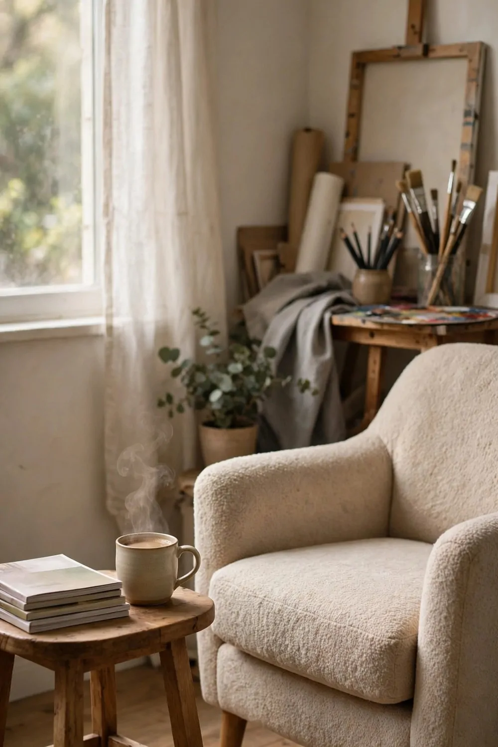 Cozy coffee spot with armchair, side table and steaming mug