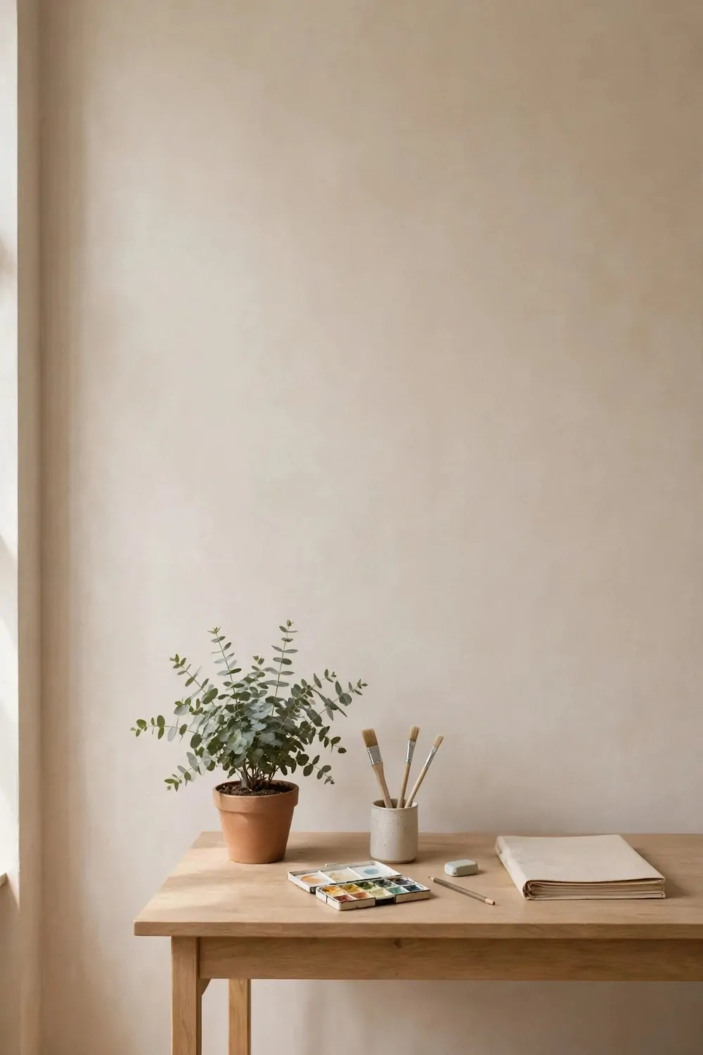 Warm minimal studio with single desk and one potted plant