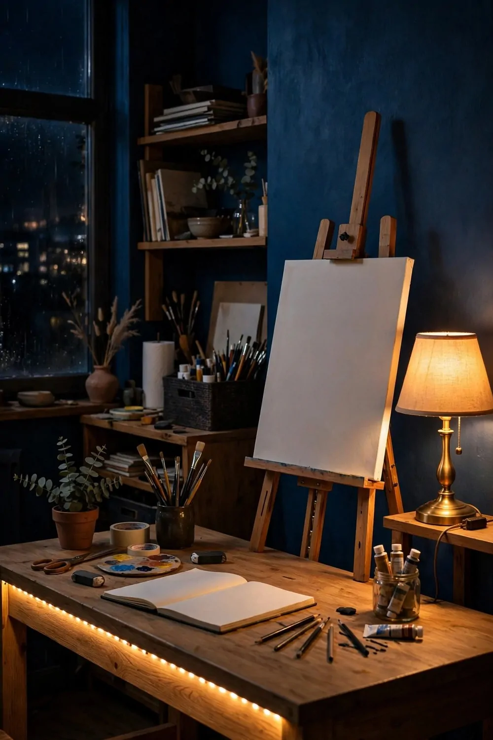 Home studio at night with LED strip lights and glowing lamp
