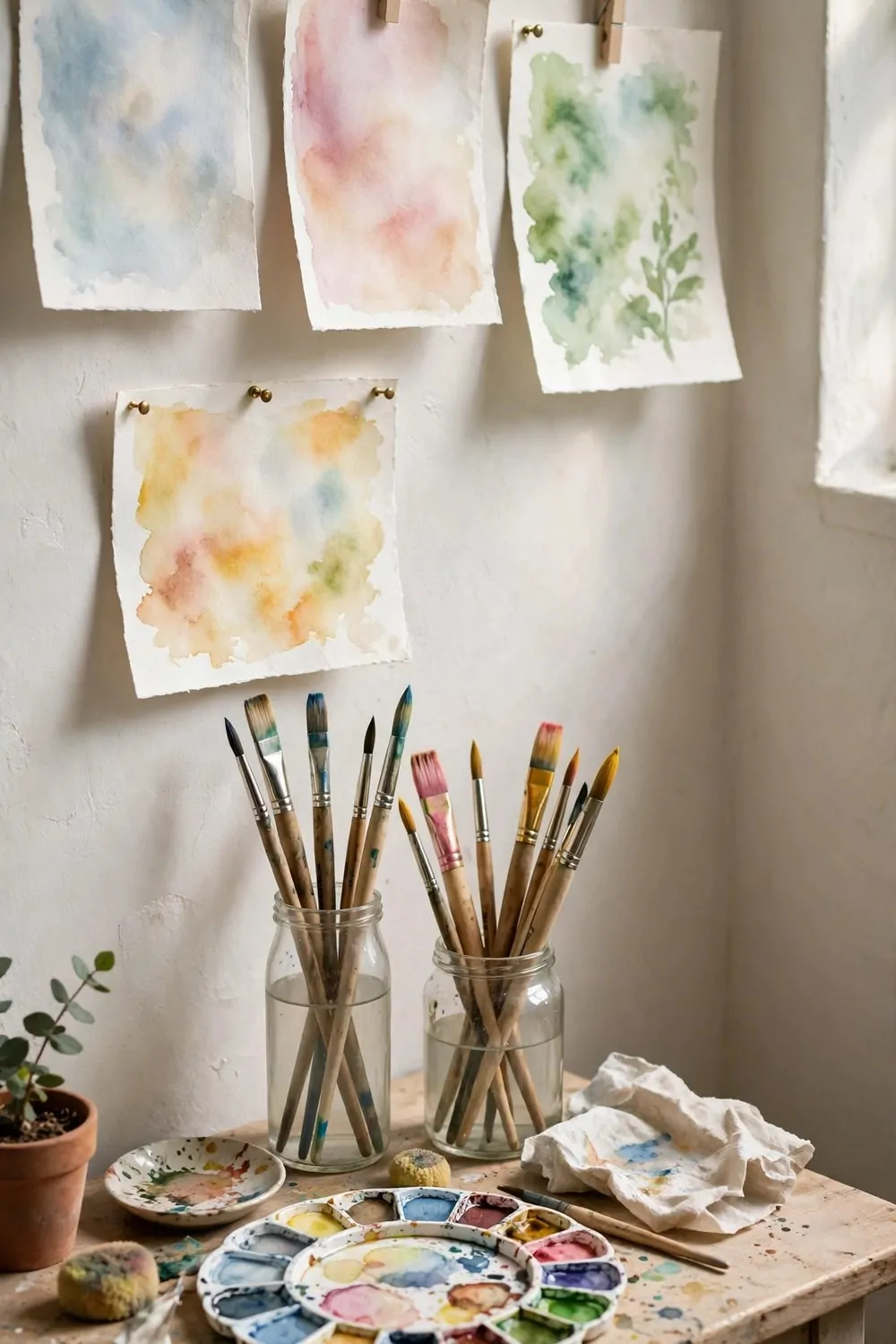 Watercolor corner with palette, brushes and washes drying on the wall