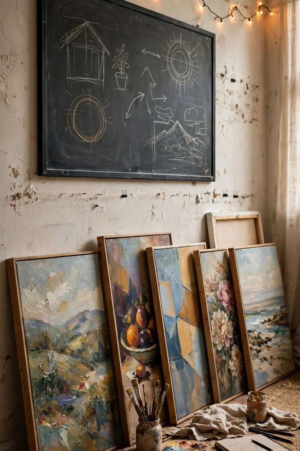 Studio wall with finished canvases leaning and sketches pinned up