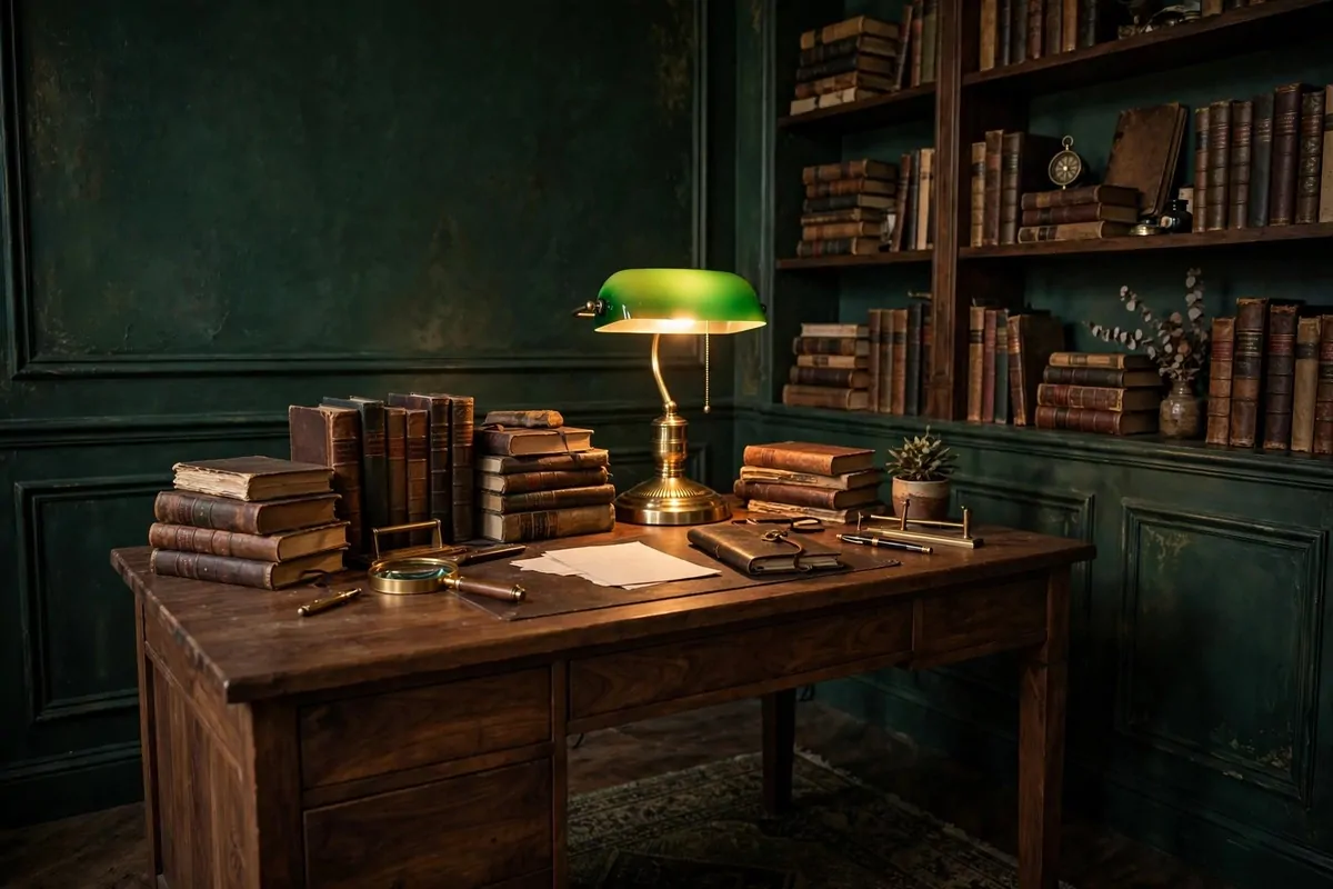 Dark academia home office with walnut desk, green walls and brass lamp