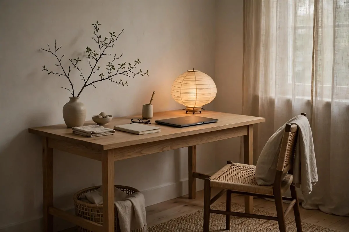 Japandi style home office with low wooden desk and neutral tones