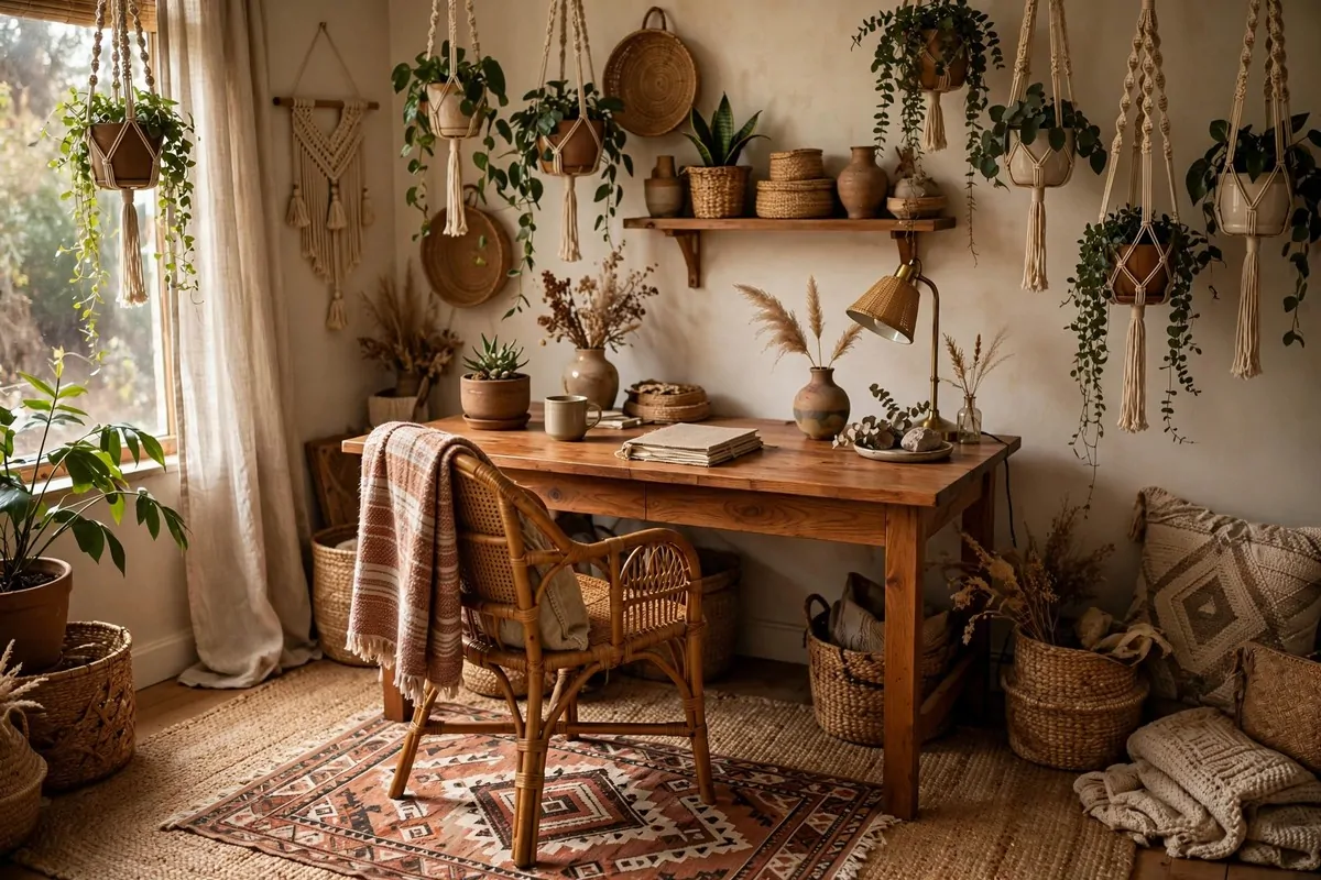 Boho home office with rattan chair, jute rug and hanging plants
