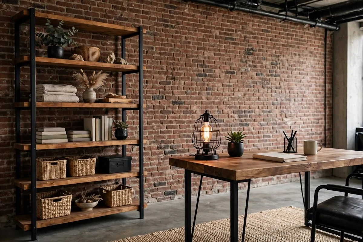 Industrial home office with black metal shelving and wood desk
