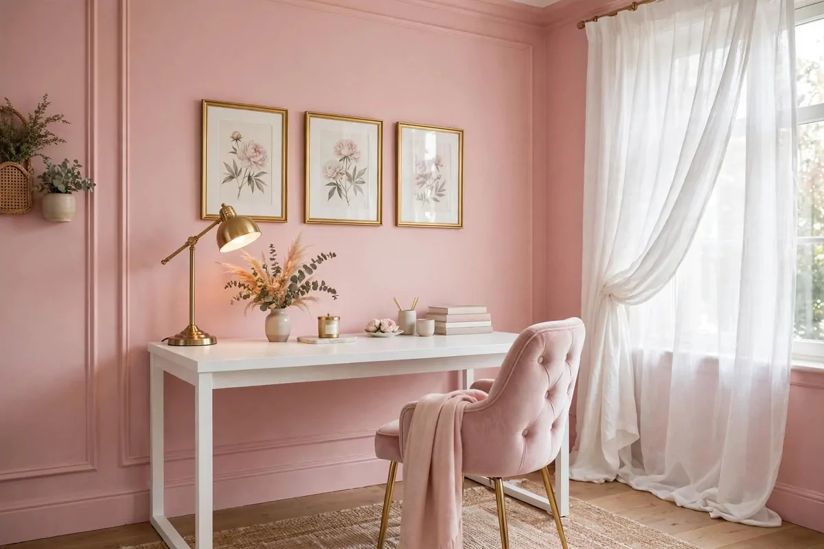 Blush pink home office with velvet chair and gold desk lamp