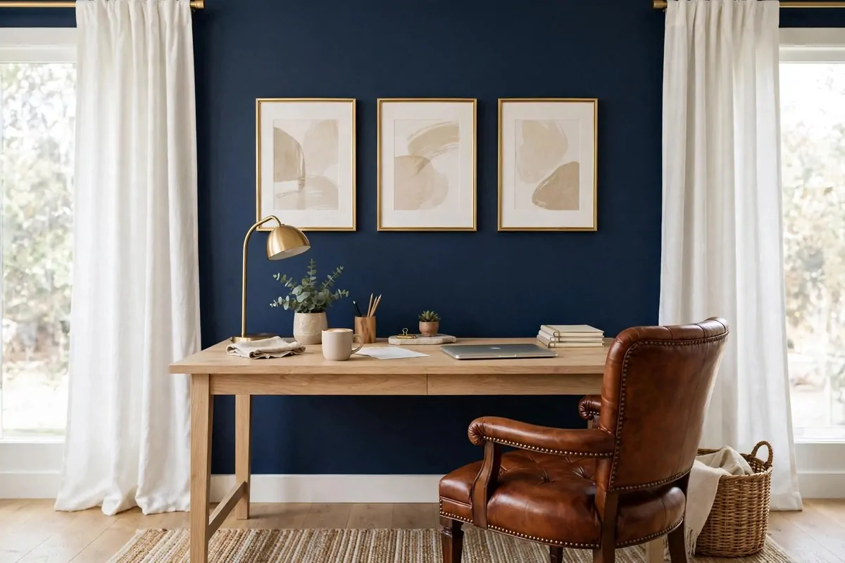 Home office with navy blue accent wall behind a light wood desk