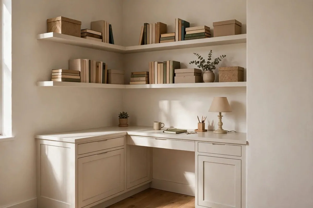 Built in desk nook with white cabinets and floating shelves