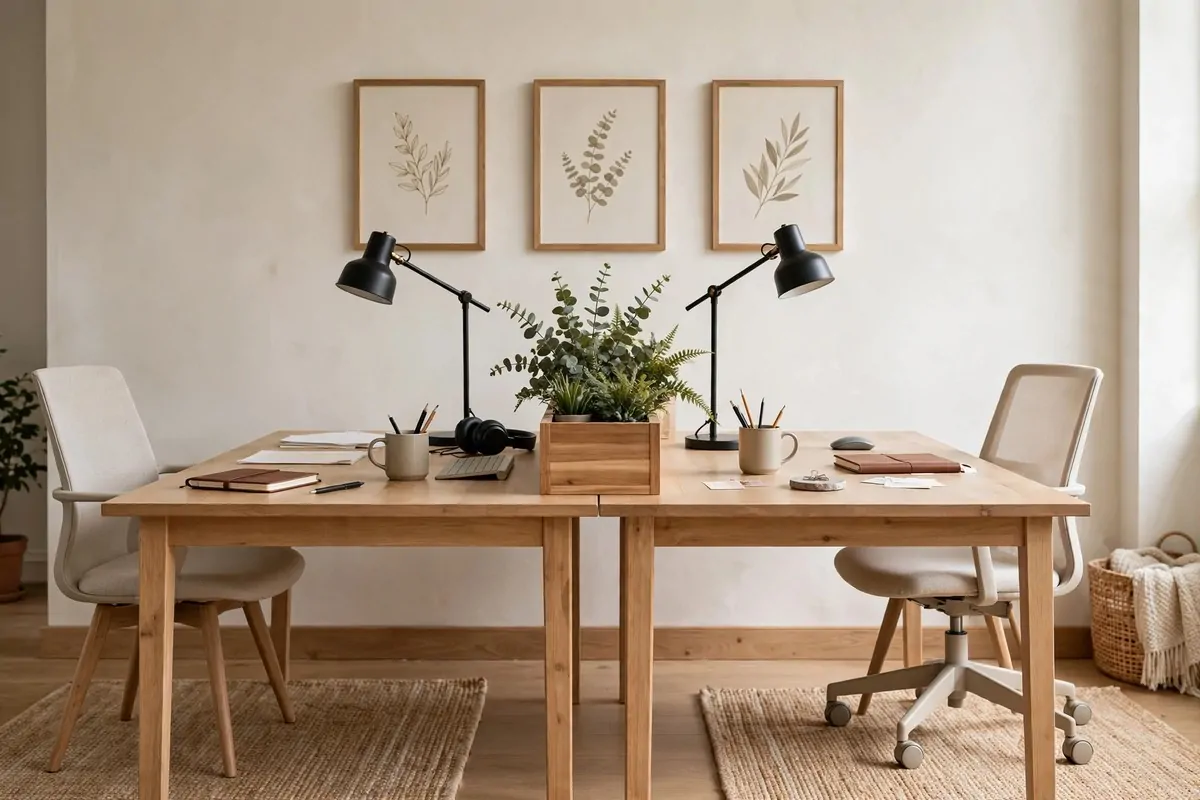 Home office with two matching desks side by side for two people