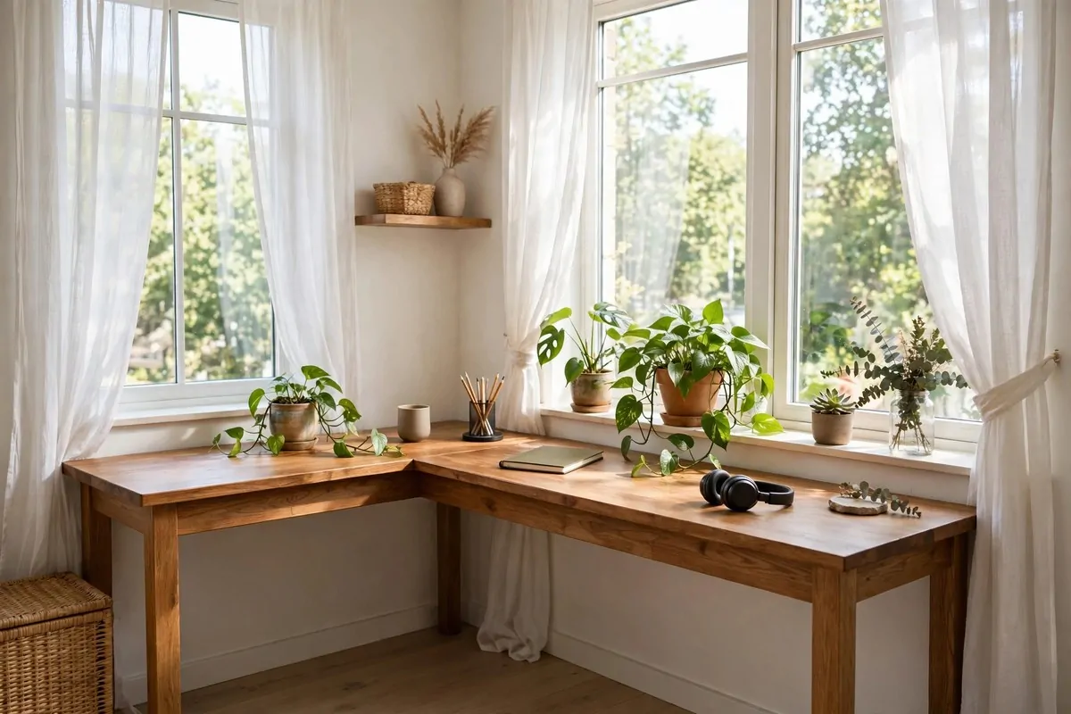 Corner home office desk set by a large bright window