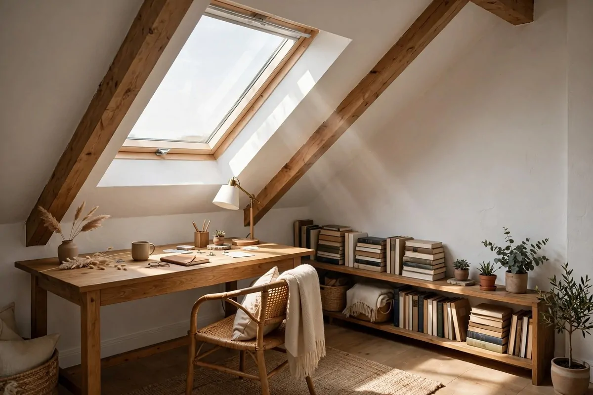 Attic home office under sloped ceilings with a skylight above the desk