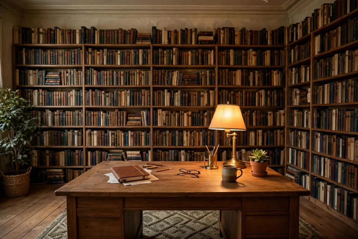 Home office with floor to ceiling bookshelves around a desk