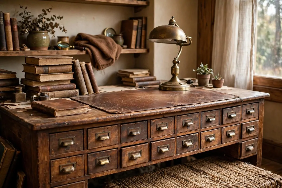 Vintage wooden desk in a warm home office with antique lamp