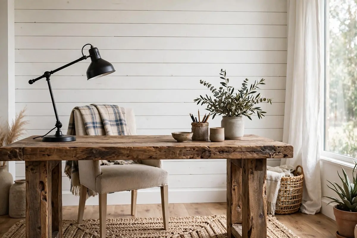 Modern farmhouse home office with shiplap wall and rustic desk