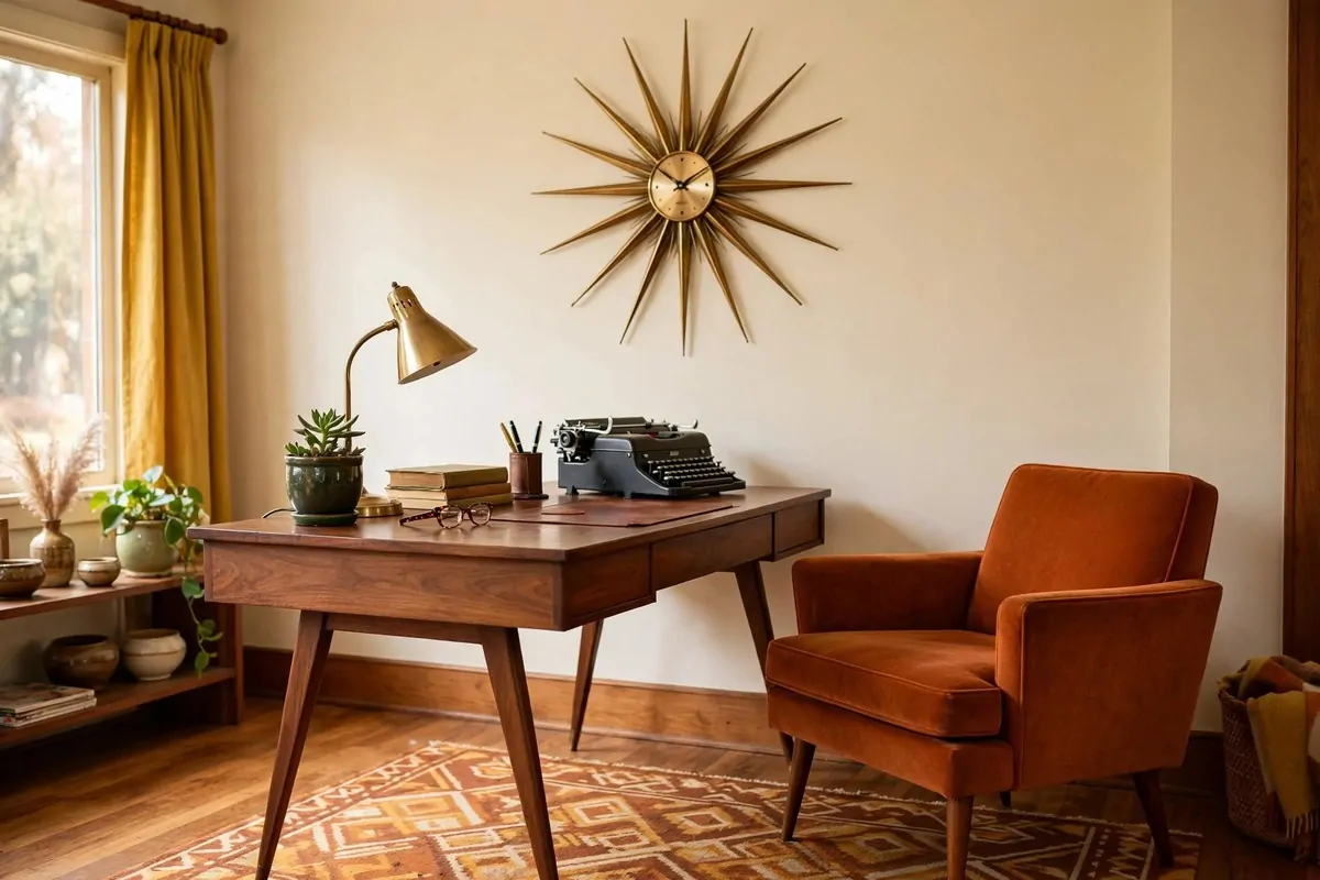 Mid century home office with tapered leg desk and orange chair