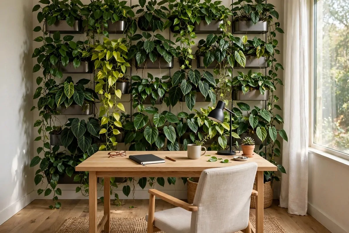 Home office with a living green plant wall behind the desk