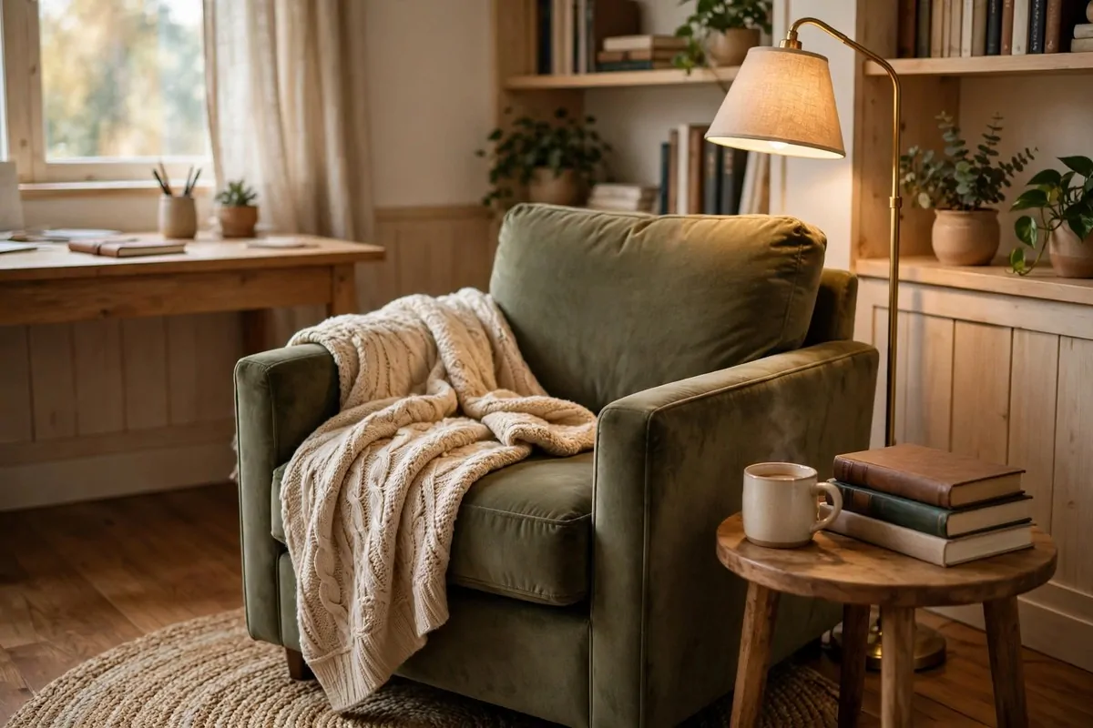 Cozy reading corner in a home office with armchair and floor lamp