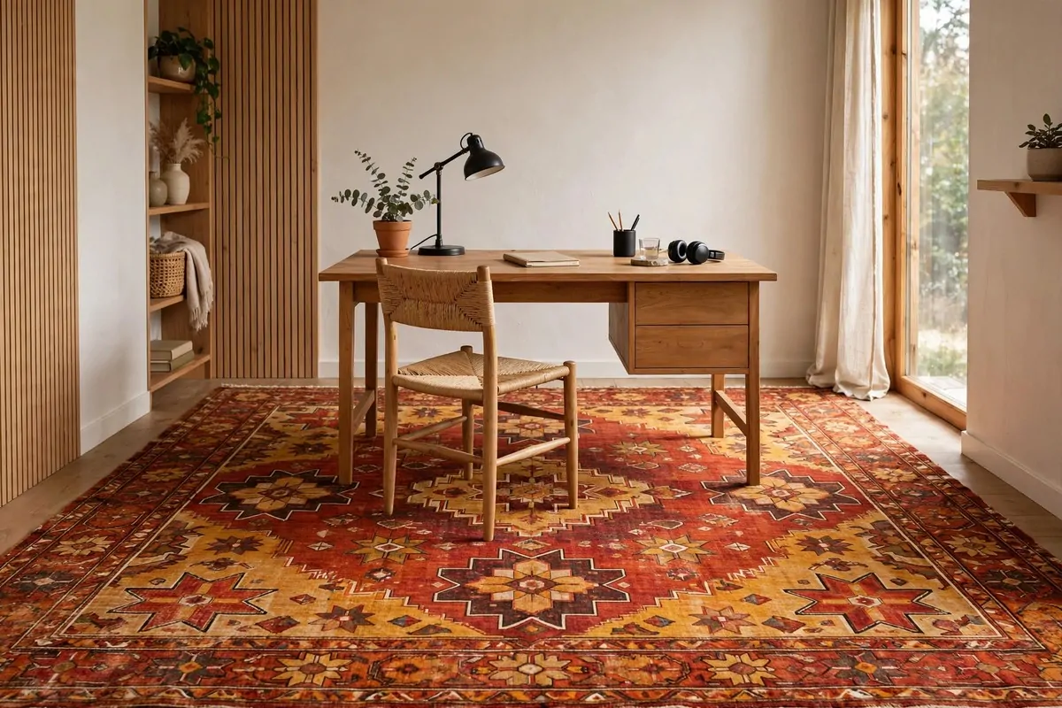Home office with a bold patterned statement rug under the desk