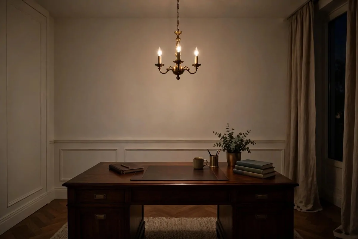 Elegant home office with a brass chandelier over a dark wood desk