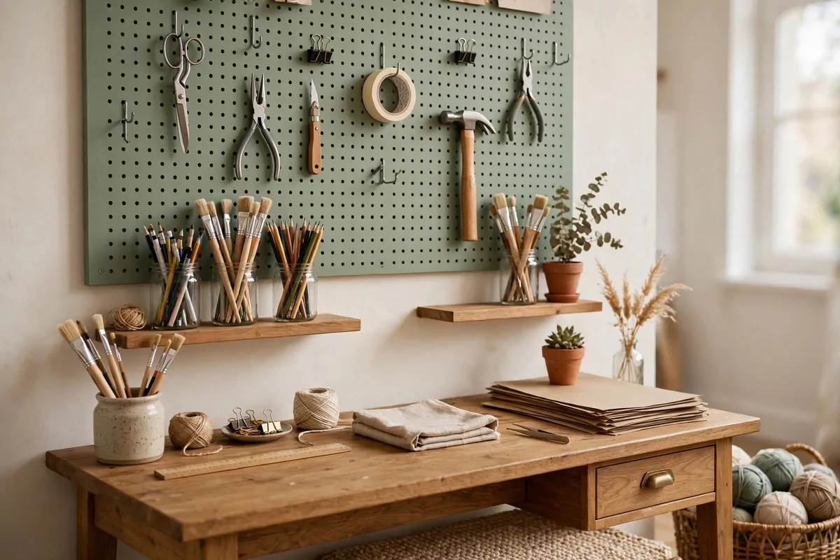 Home office with a pegboard wall holding craft supplies above the desk