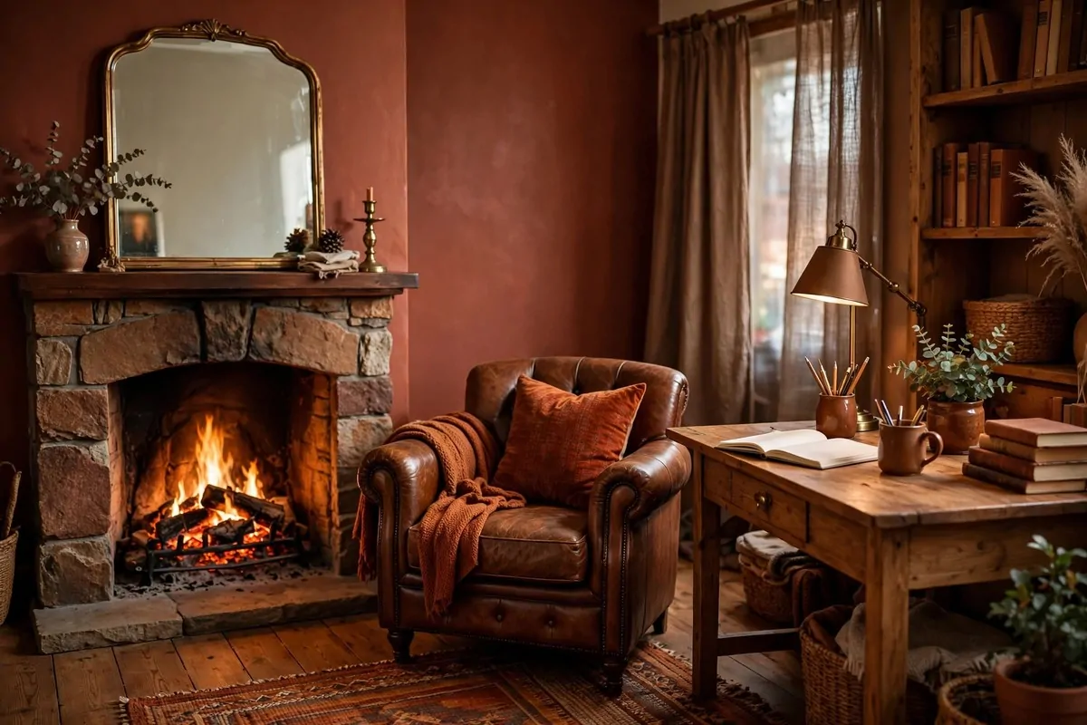 Home office with a fireplace beside a leather armchair and desk