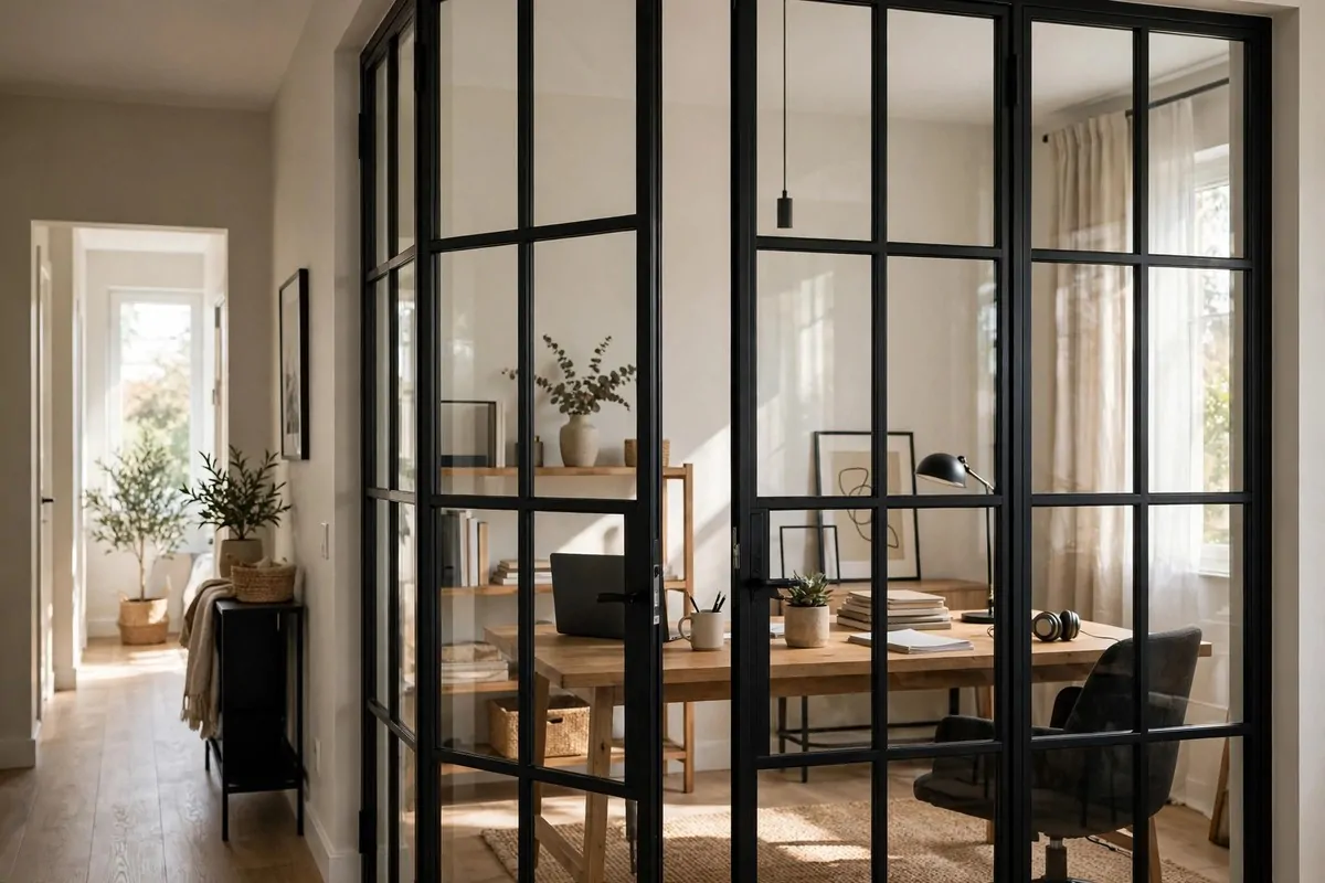 Home office with glass French doors separating it from the hallway