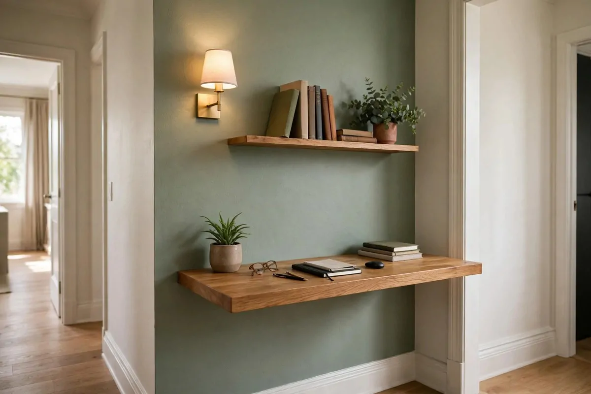 Small home office nook set into a hallway with a floating desk