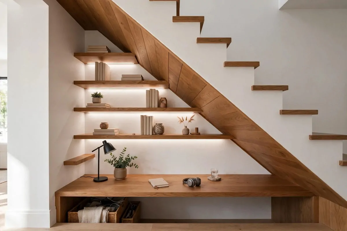 Home office tucked under the stairs with custom desk and shelves