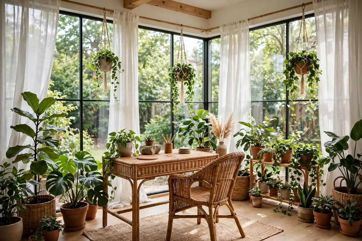 Sunroom home office with glass walls and wicker desk chair