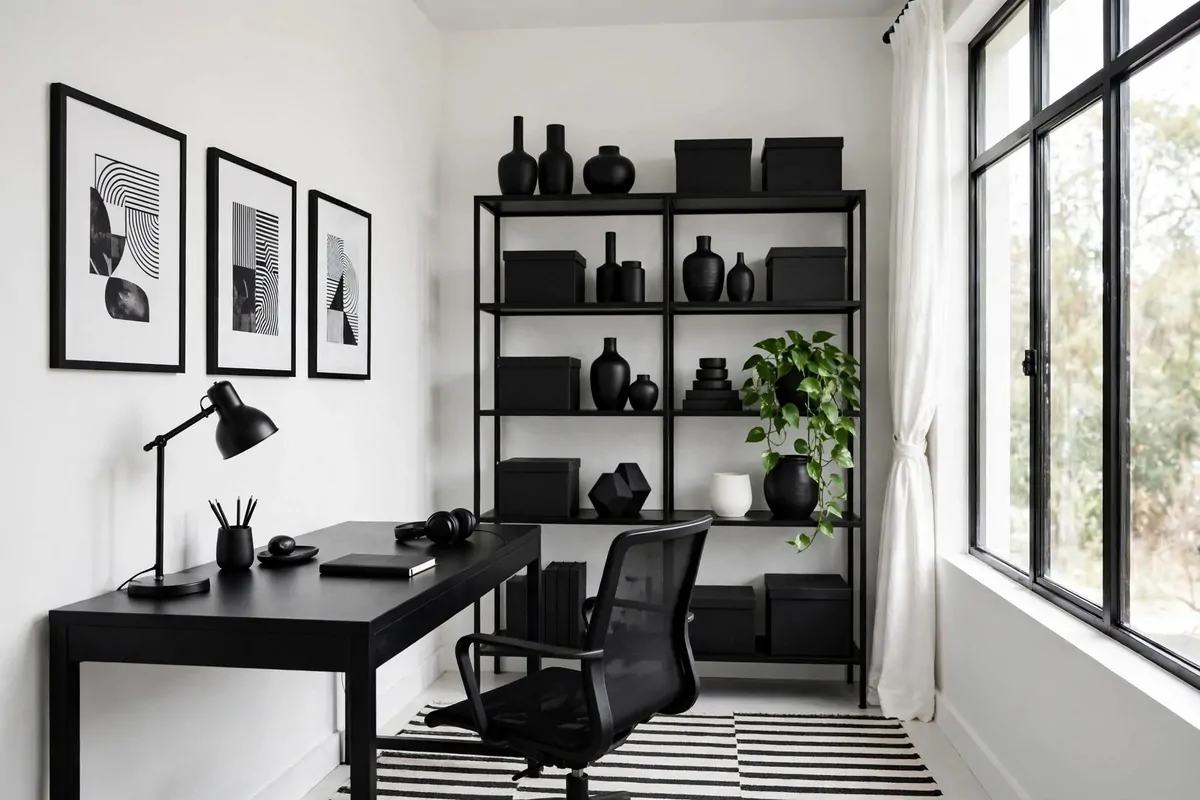 Black and white home office with striped rug and monochrome art