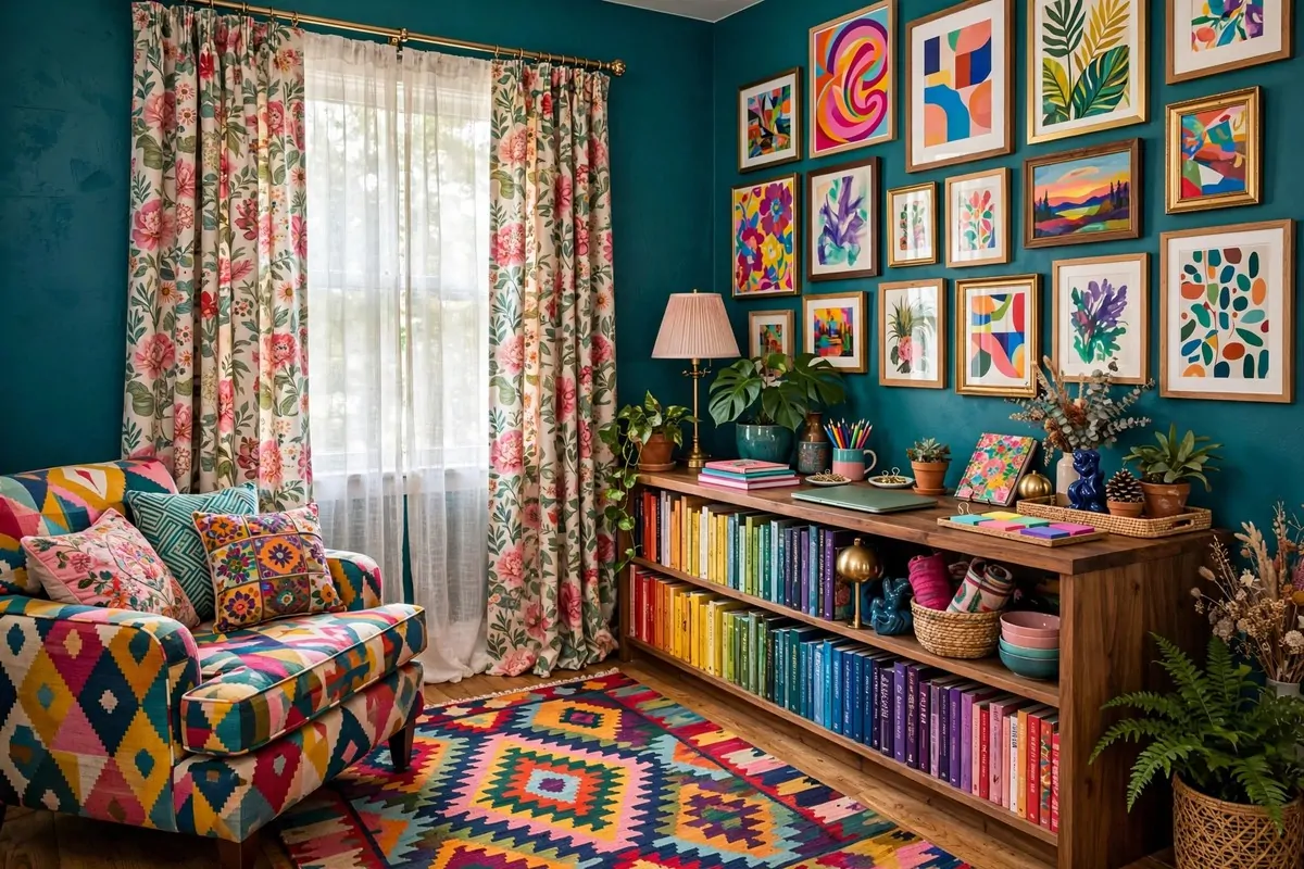 Colorful maximalist home office with mixed patterns and bright art