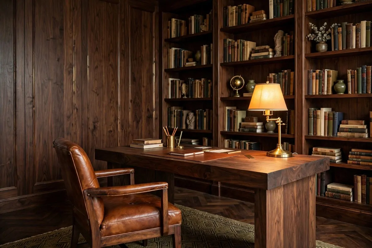 Home office with dark wood paneled walls and leather desk chair
