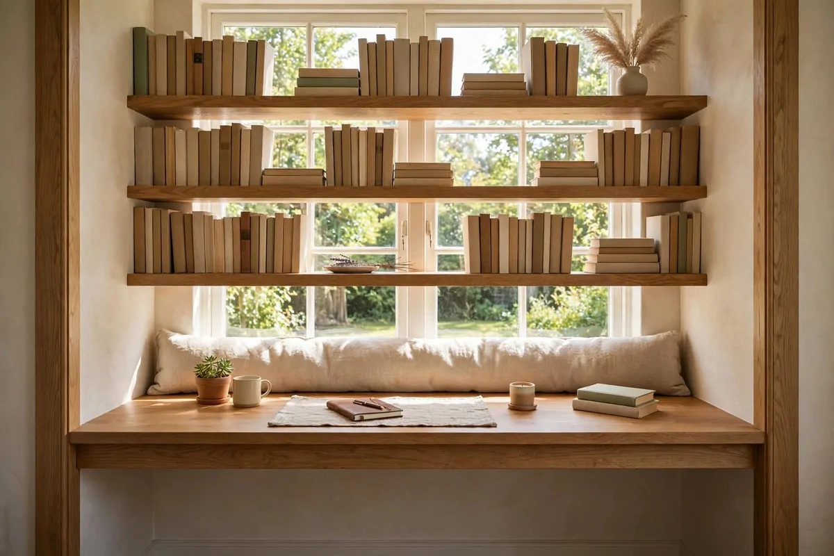 Desk fitted into a cozy window alcove with built in shelves