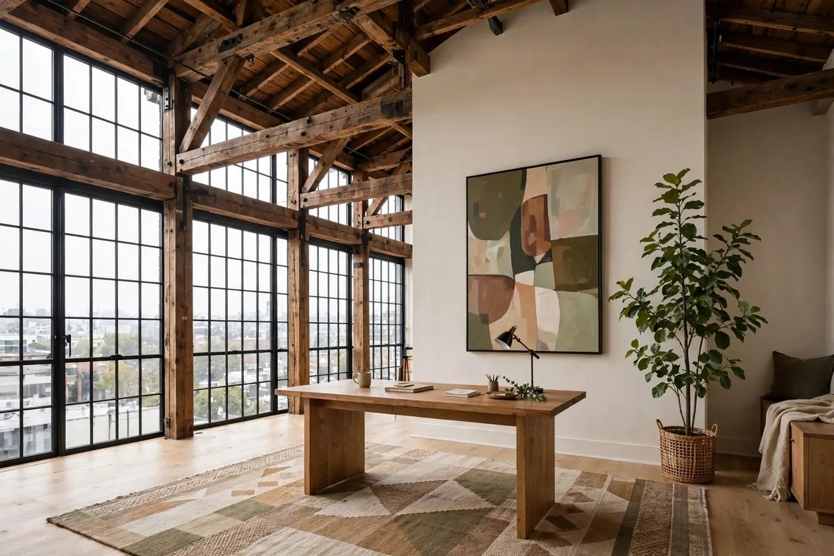 Loft home office with high ceilings, exposed beams and large windows