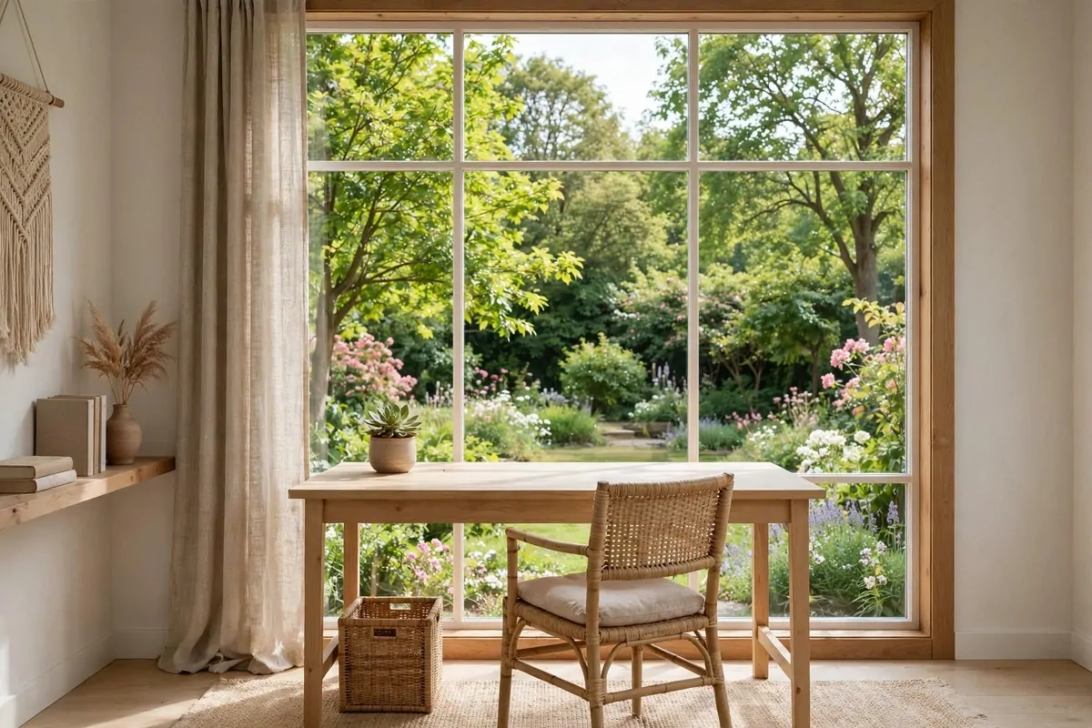 Home office with desk facing a big window looking out to a garden