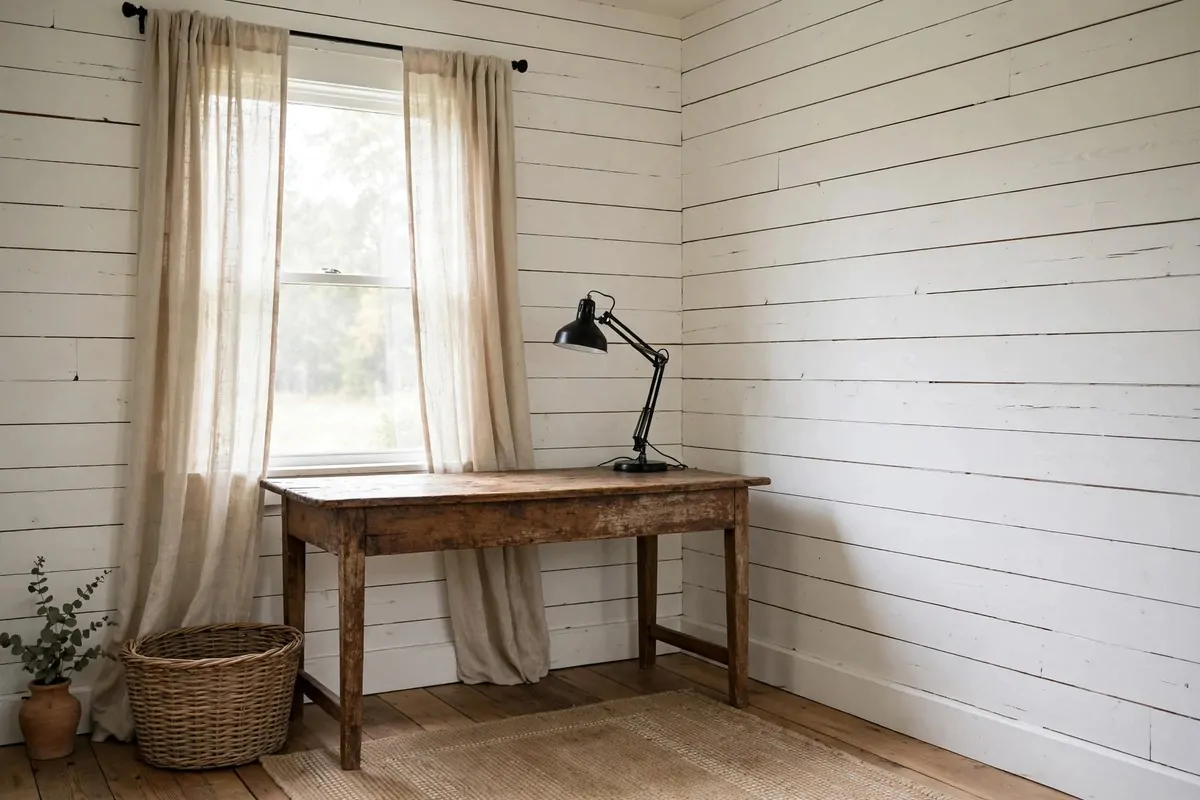 35 Home Office Inspiration Looks You'll Want to Copy Right Now 1 Farmhouse home office with white shiplap walls and a rustic wooden desk