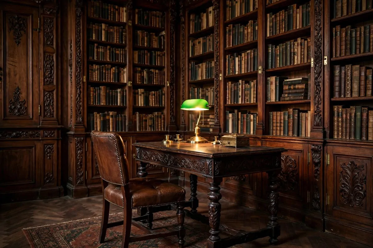 35 Home Office Inspiration Looks You'll Want to Copy Right Now 3 Vintage study with carved wooden desk and leather chair