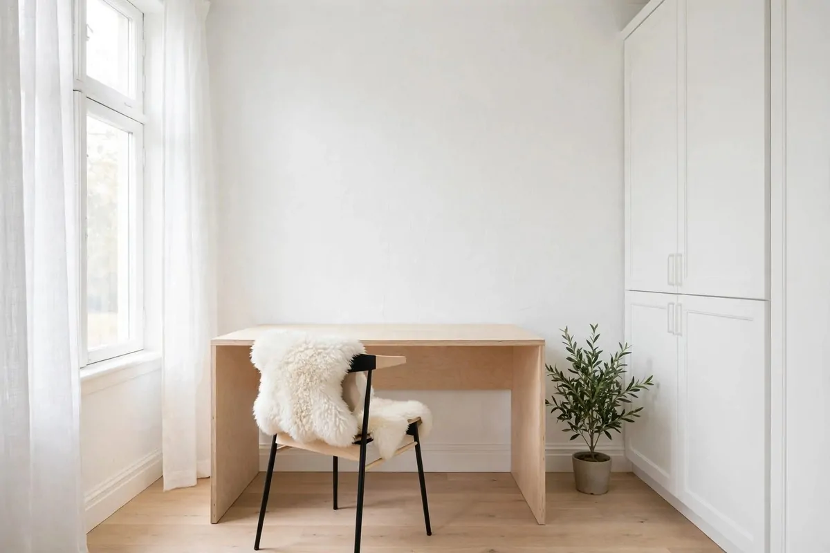 35 Home Office Inspiration Looks You'll Want to Copy Right Now 5 Scandinavian home office with bright white walls and light wood furniture