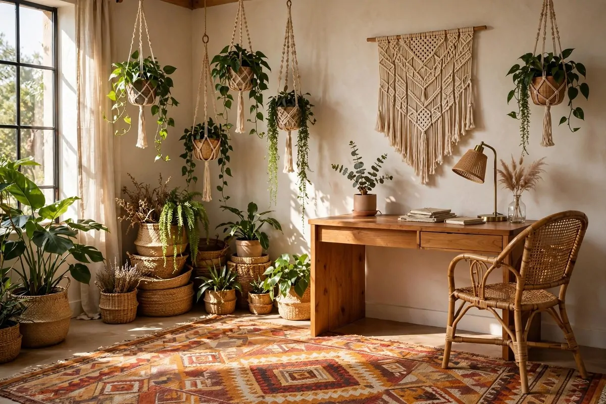 35 Home Office Inspiration Looks You'll Want to Copy Right Now 7 Boho home office with rattan furniture and hanging plants