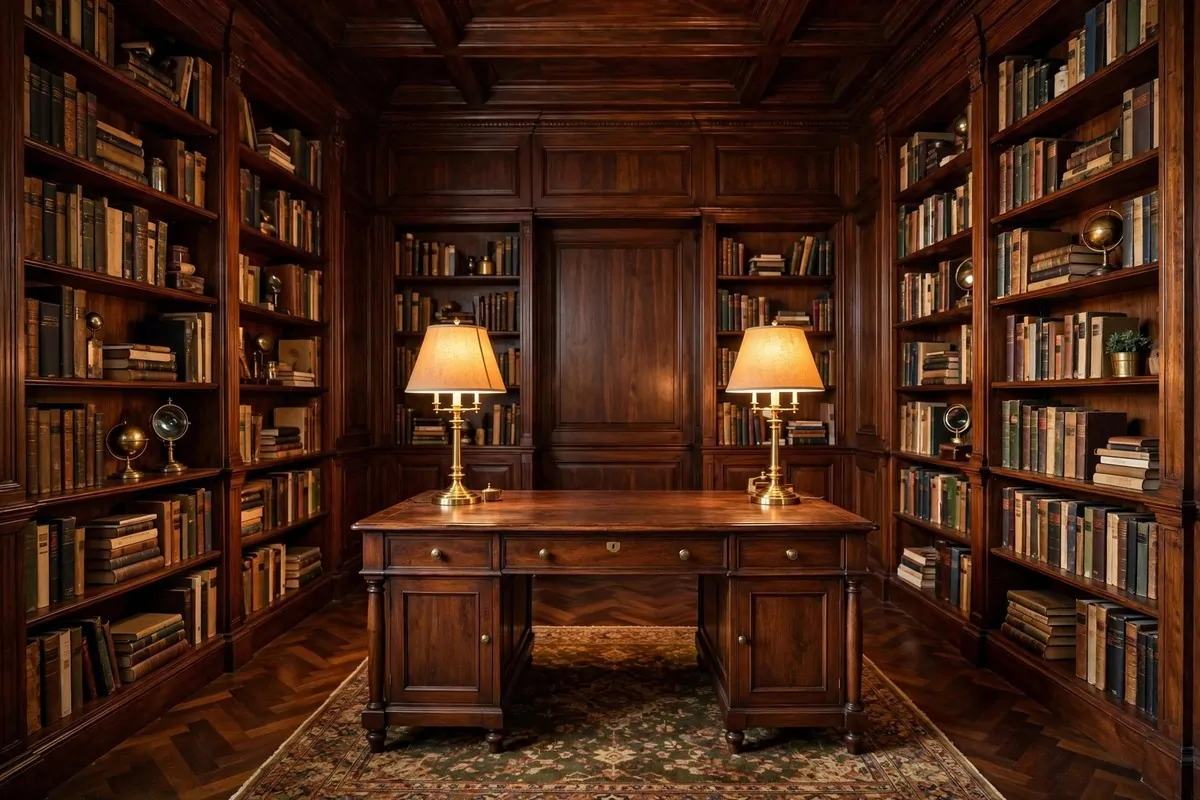 35 Home Office Inspiration Looks You'll Want to Copy Right Now 8 Library style home office with dark wood paneling and tall bookcases