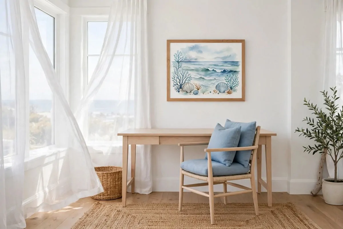 35 Home Office Inspiration Looks You'll Want to Copy Right Now 9 Coastal home office with light breezy decor and soft blue accents