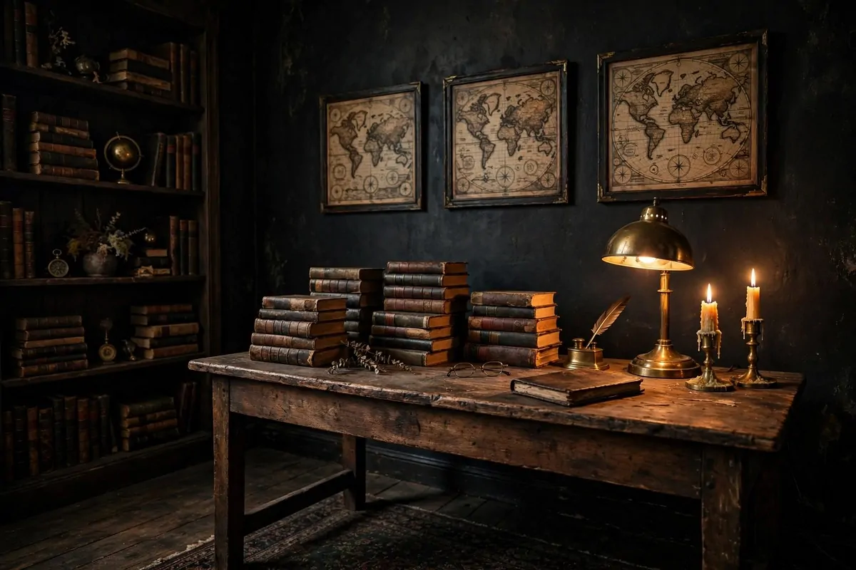 35 Home Office Inspiration Looks You'll Want to Copy Right Now 11 Dark academia home office with old books and a brass lamp