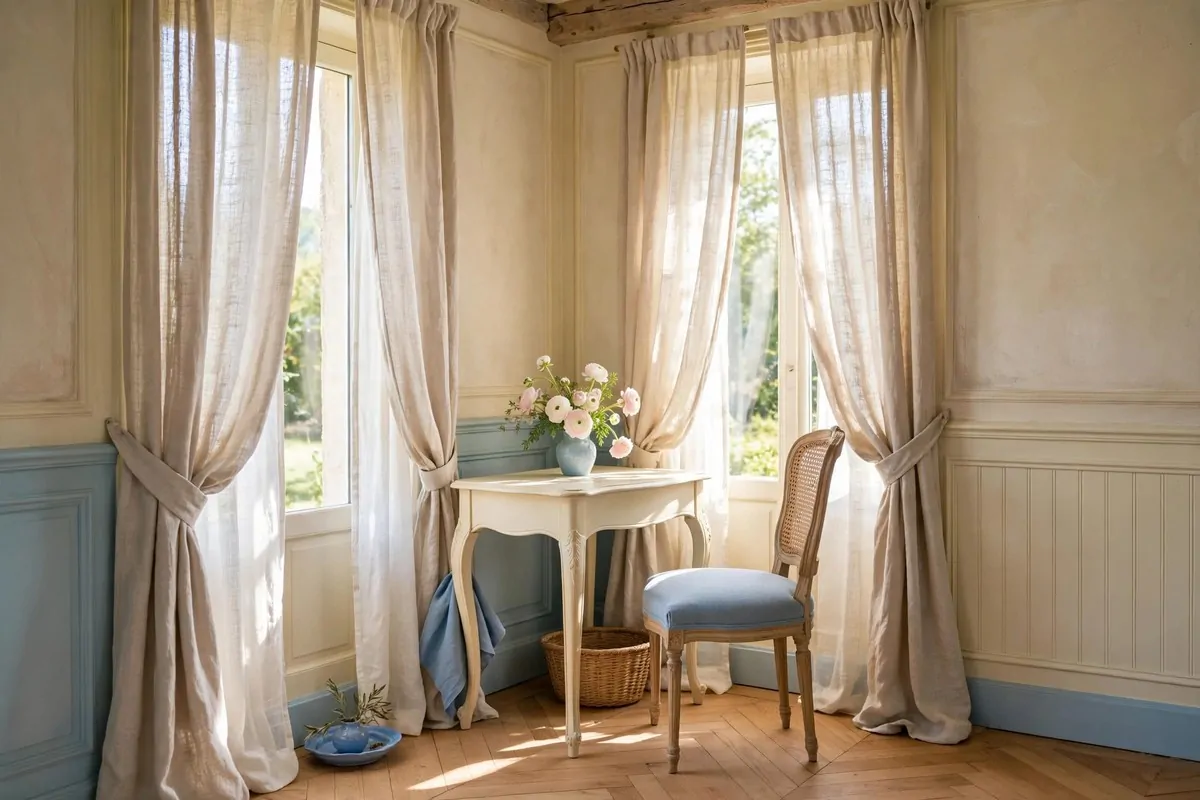 35 Home Office Inspiration Looks You'll Want to Copy Right Now 13 French country writing desk corner with linen curtains