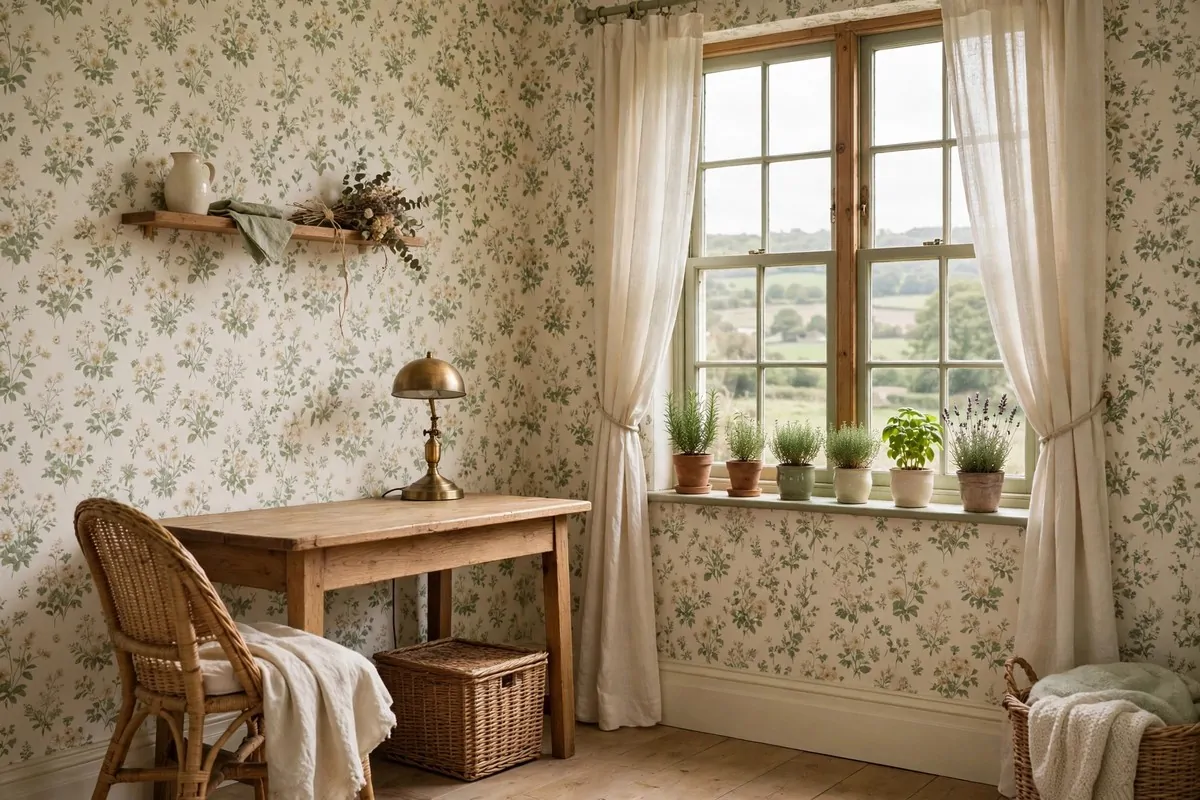 35 Home Office Inspiration Looks You'll Want to Copy Right Now 14 Cottagecore home office with floral wallpaper