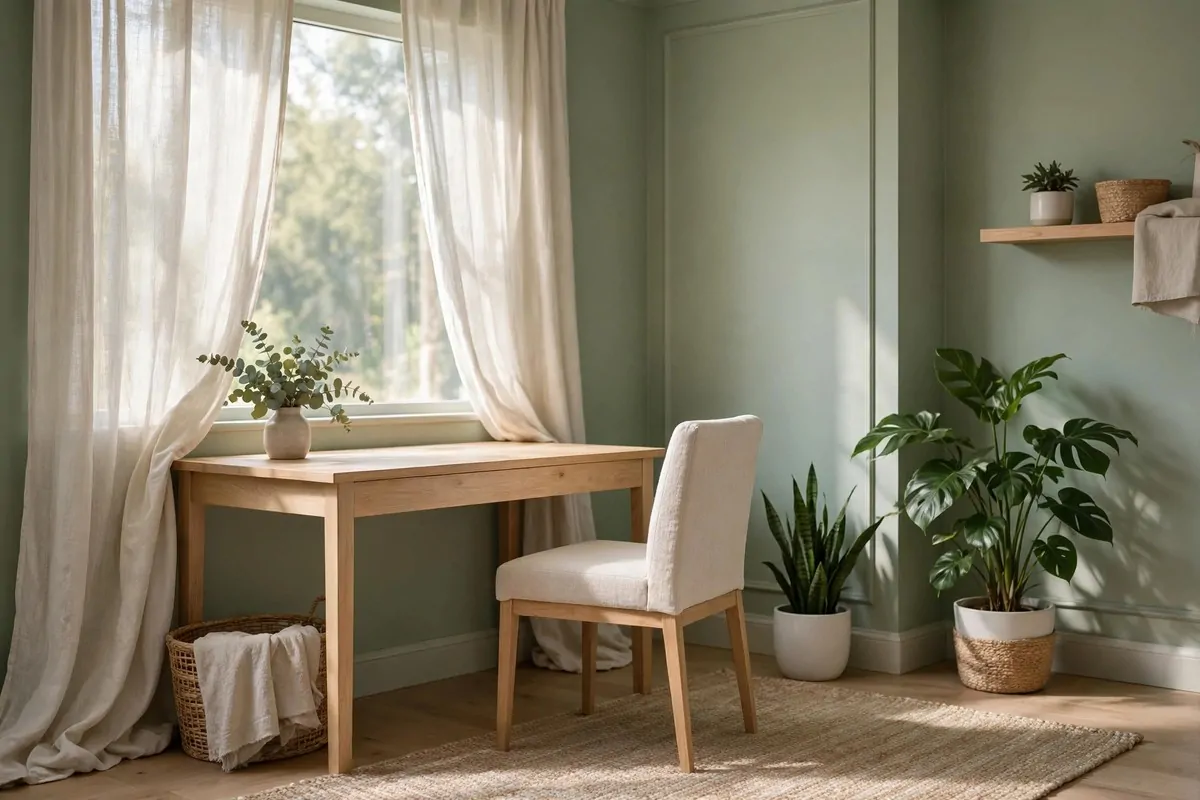 35 Home Office Inspiration Looks You'll Want to Copy Right Now 15 Serene sage green home office with soft natural light