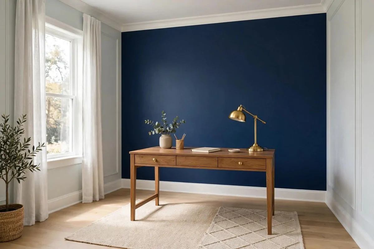 35 Home Office Inspiration Looks You'll Want to Copy Right Now 16 Bold navy accent wall behind a home office desk